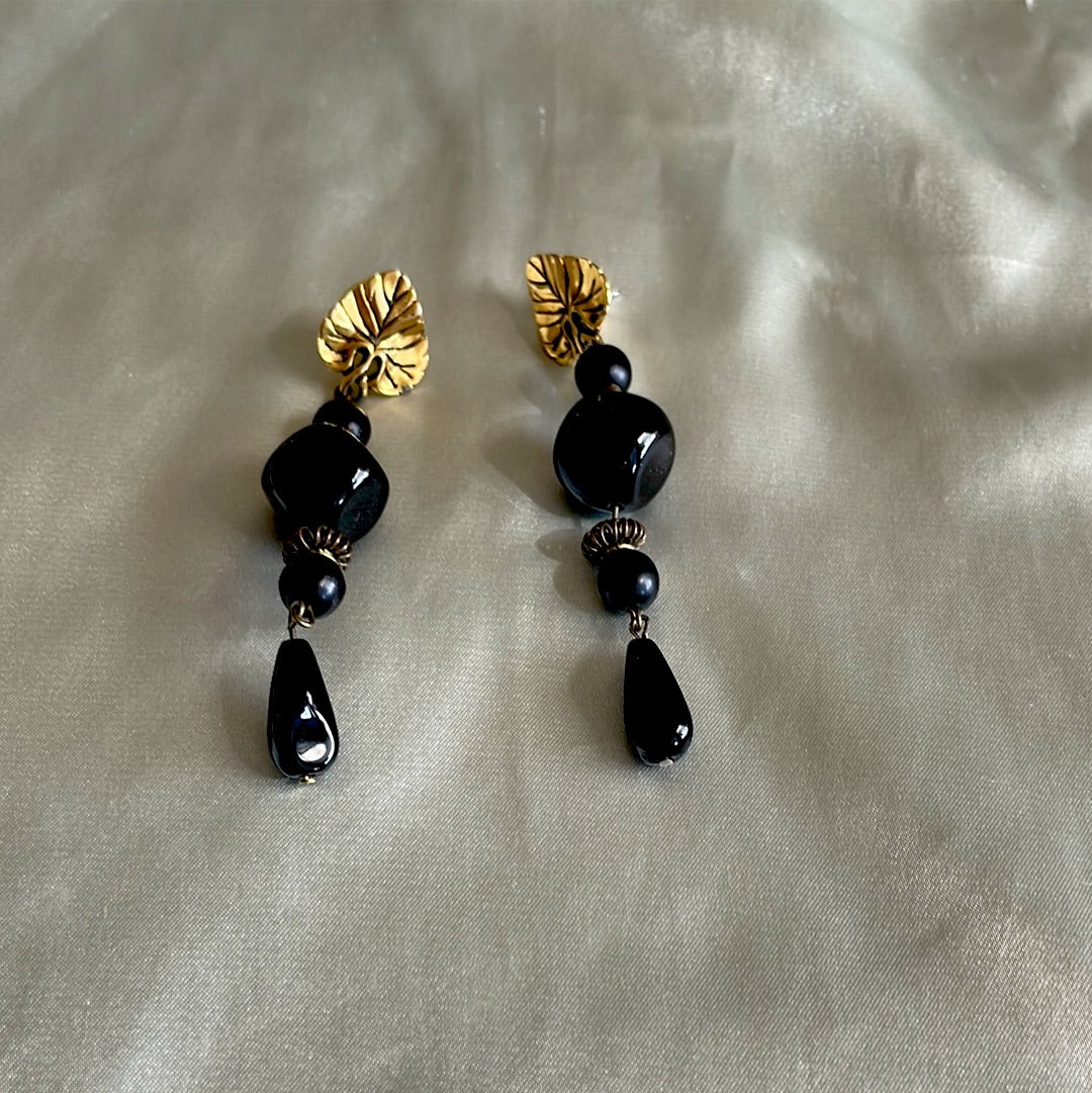 1970's gold tone black beaded pierced earrings