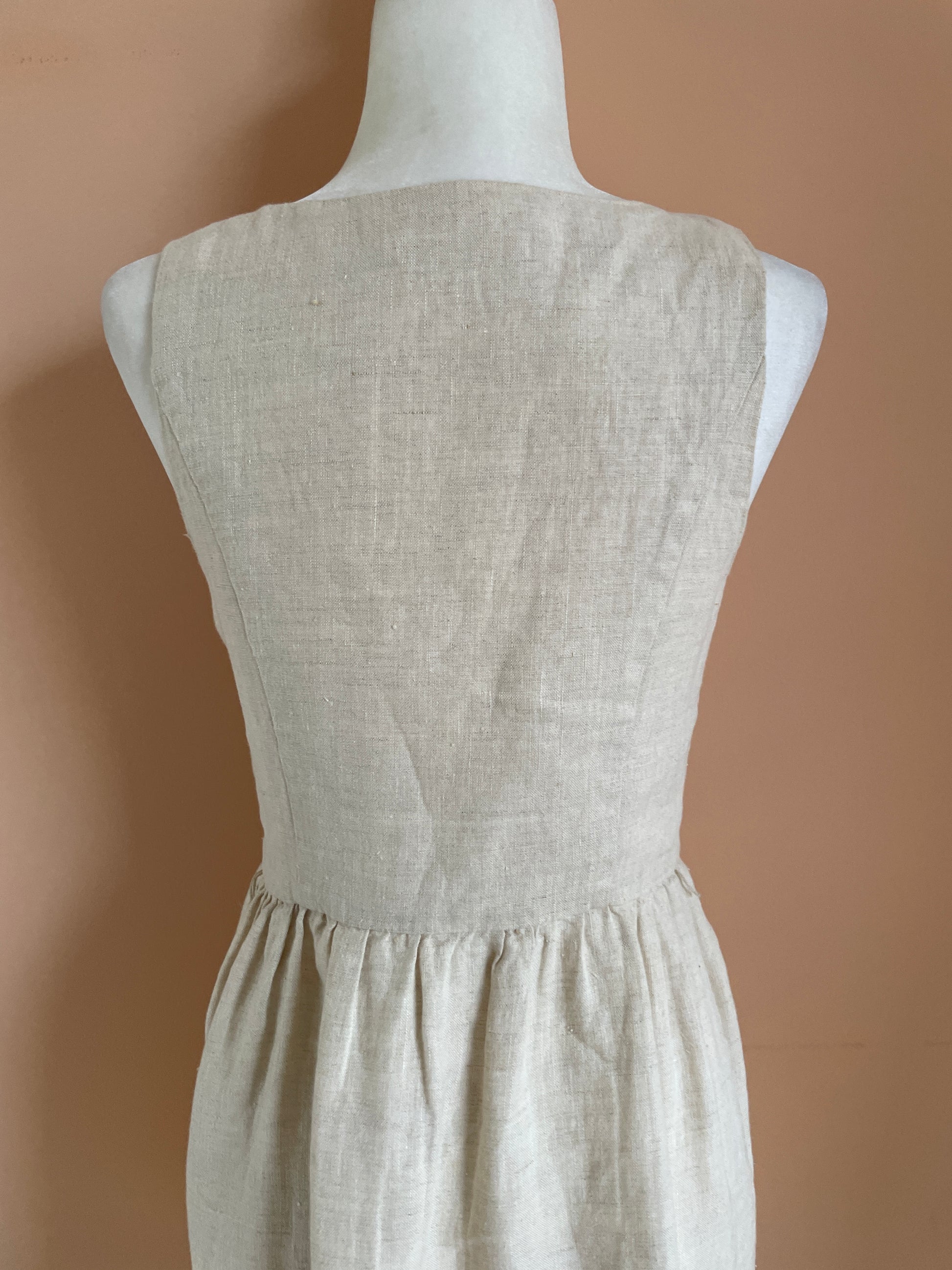  90s Vintage Beige Linen Sleeveless Classic Day Dress S
