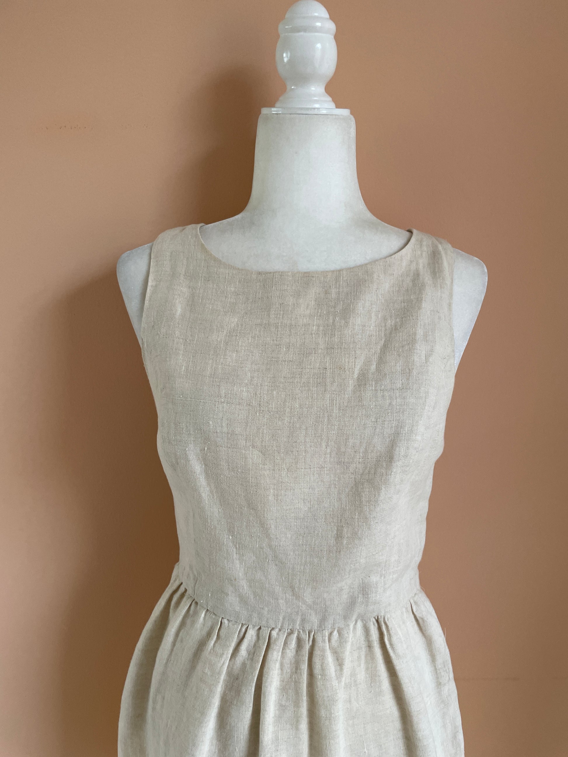  90s Vintage Beige Linen Sleeveless Classic Day Dress S