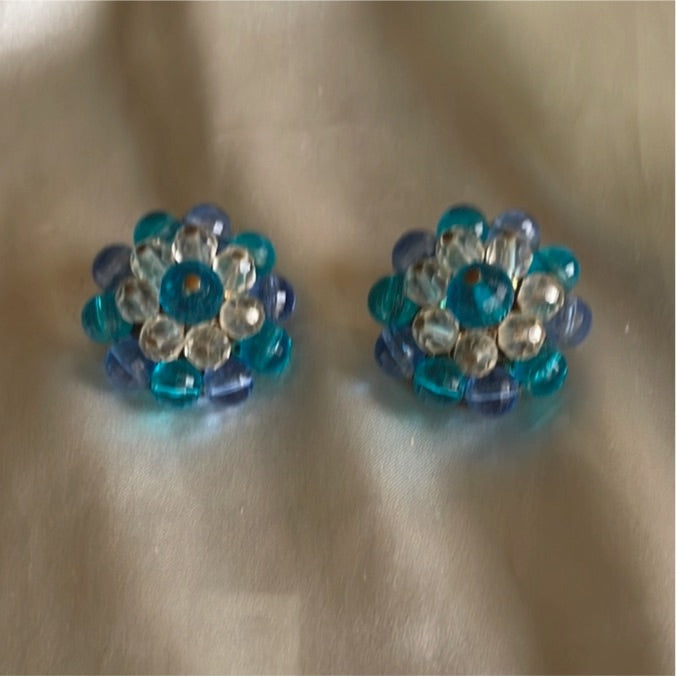 Vintage acrylic beaded flower clip earrings Vintage Acrylic Beaded Flower Clip Earrings
