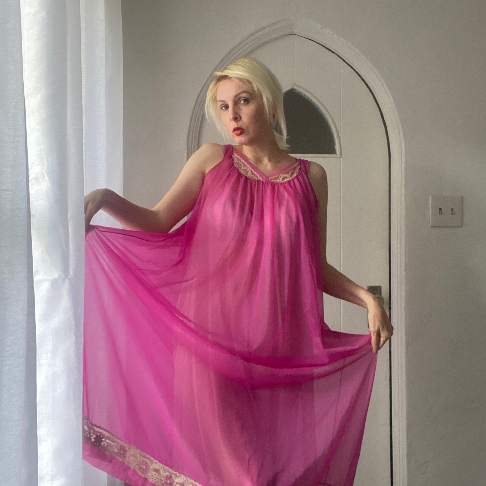 Vintage 50/60's Pink/Magenta Nylon Floral Lace Long Lingerie Gown
