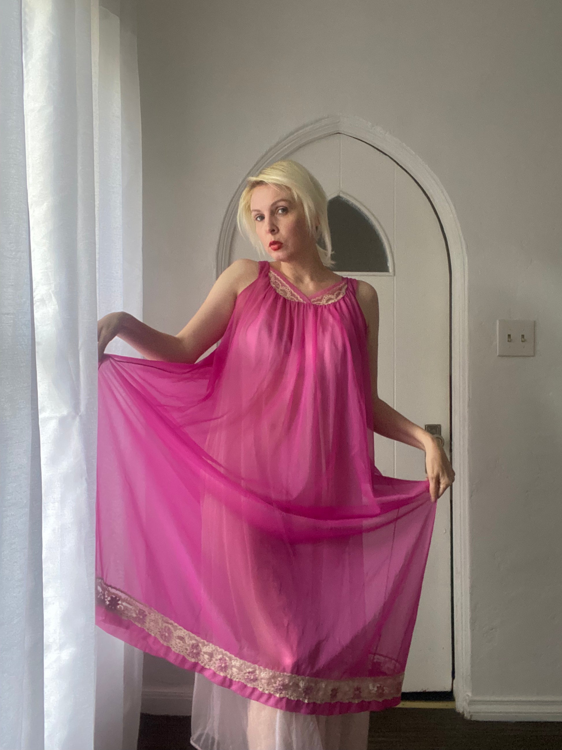 1960s pink lingerie gown Vintage 50/60’s Pink/Magenta Nylon Floral Lace Long Lingerie Gown