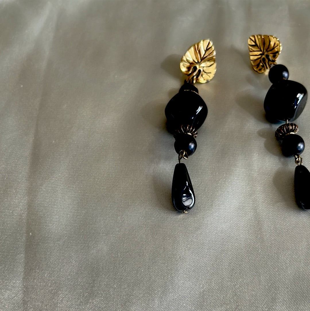 1970's gold tone black beaded pierced earrings